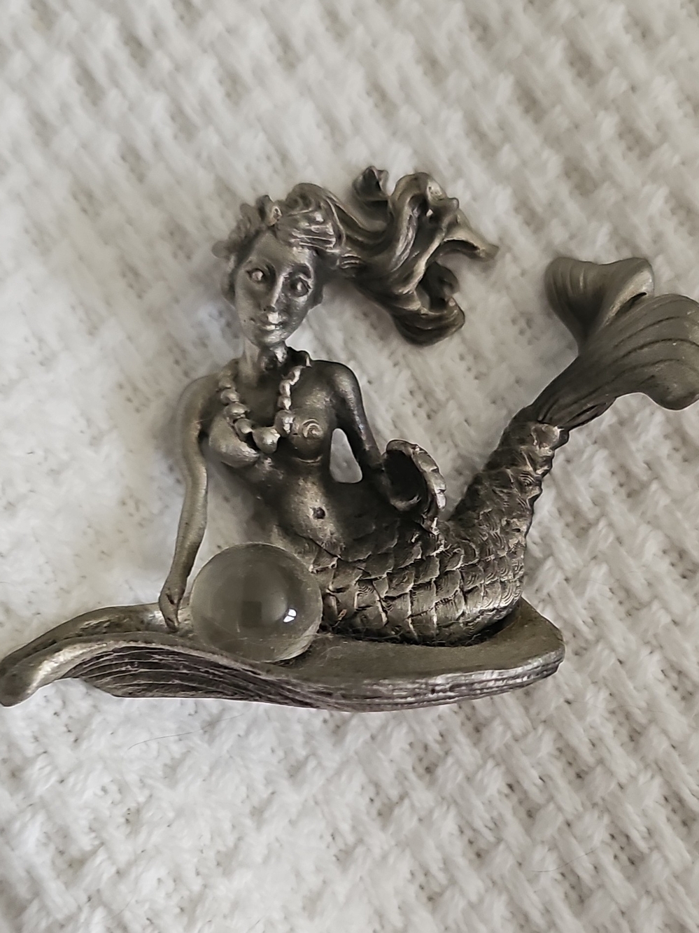 Silver Tone Mermaid Brooch with Glass Orb Accent
